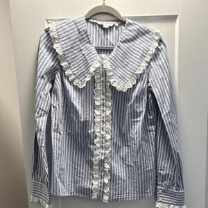 Boden Blue White Striped Lace Collared Button Long Sleeve Cotton Blouse US 2